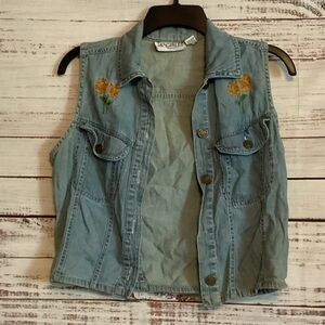 Denim Vest with Floral Embroidery